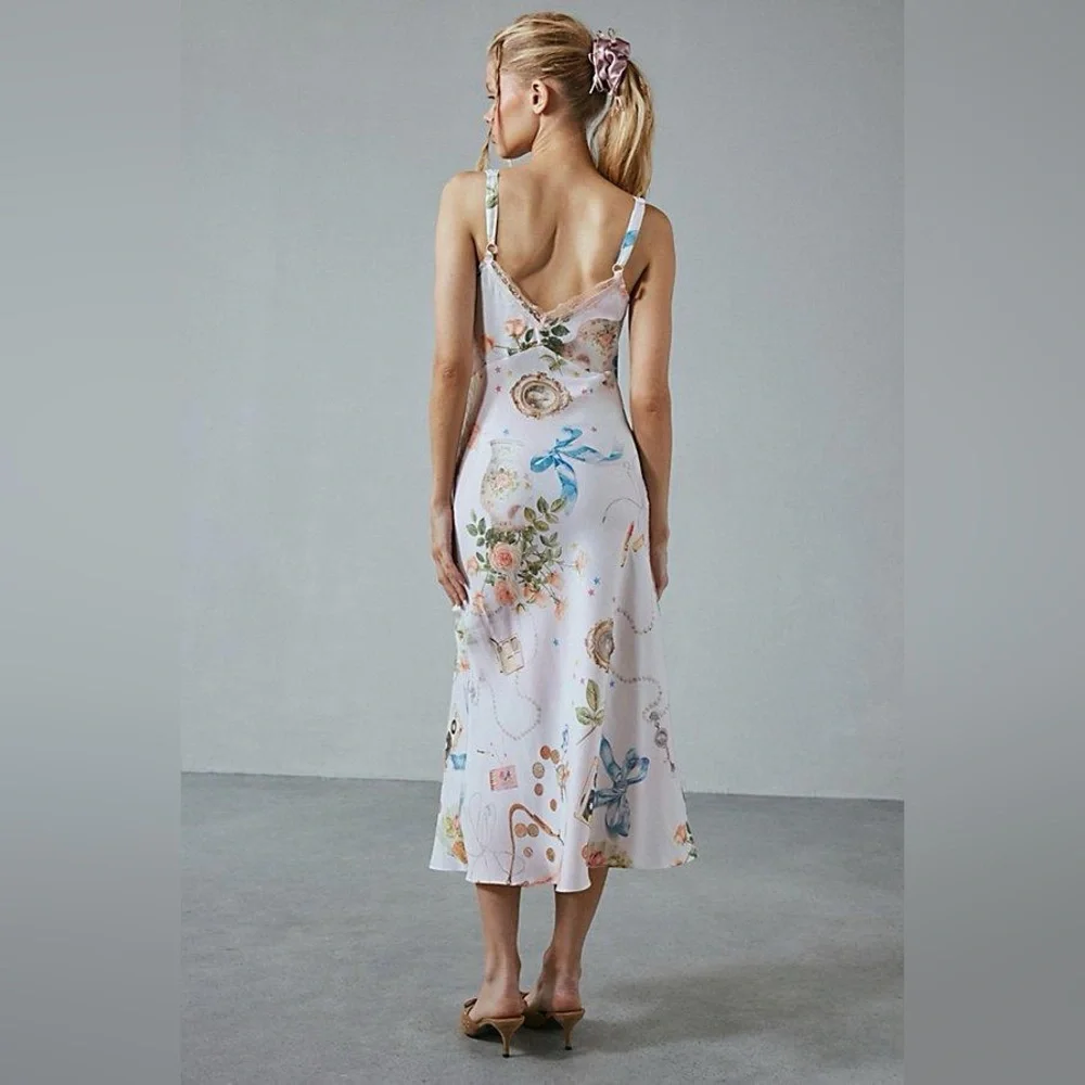 UO Kimchi Blue Liz Lace Trim Satin Slip Midi Dress- Patterned Pink - Picture 2 of 6